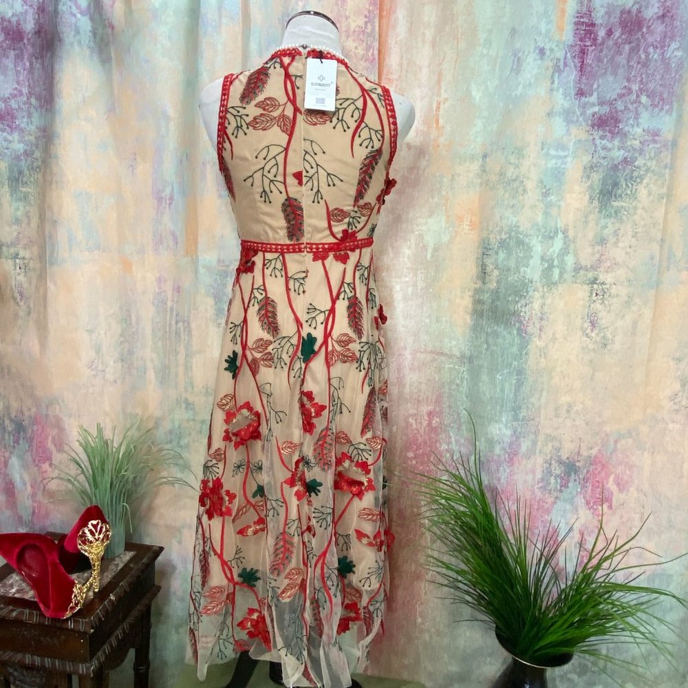 📌Simgent Mesh Dress Embroidery Flower Elegant Festive Lace Dress - Picture 2 of 16